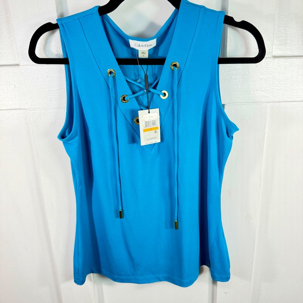 Calvin Klein Womens Blue Lace Up V-Neck Sleeveless Shell Top S63TM50A Size S NEW